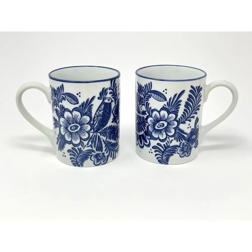 Pottery Barn Elsie Mugs Coffee Cup Blue White Bird Discontinued Rare Set Of 2